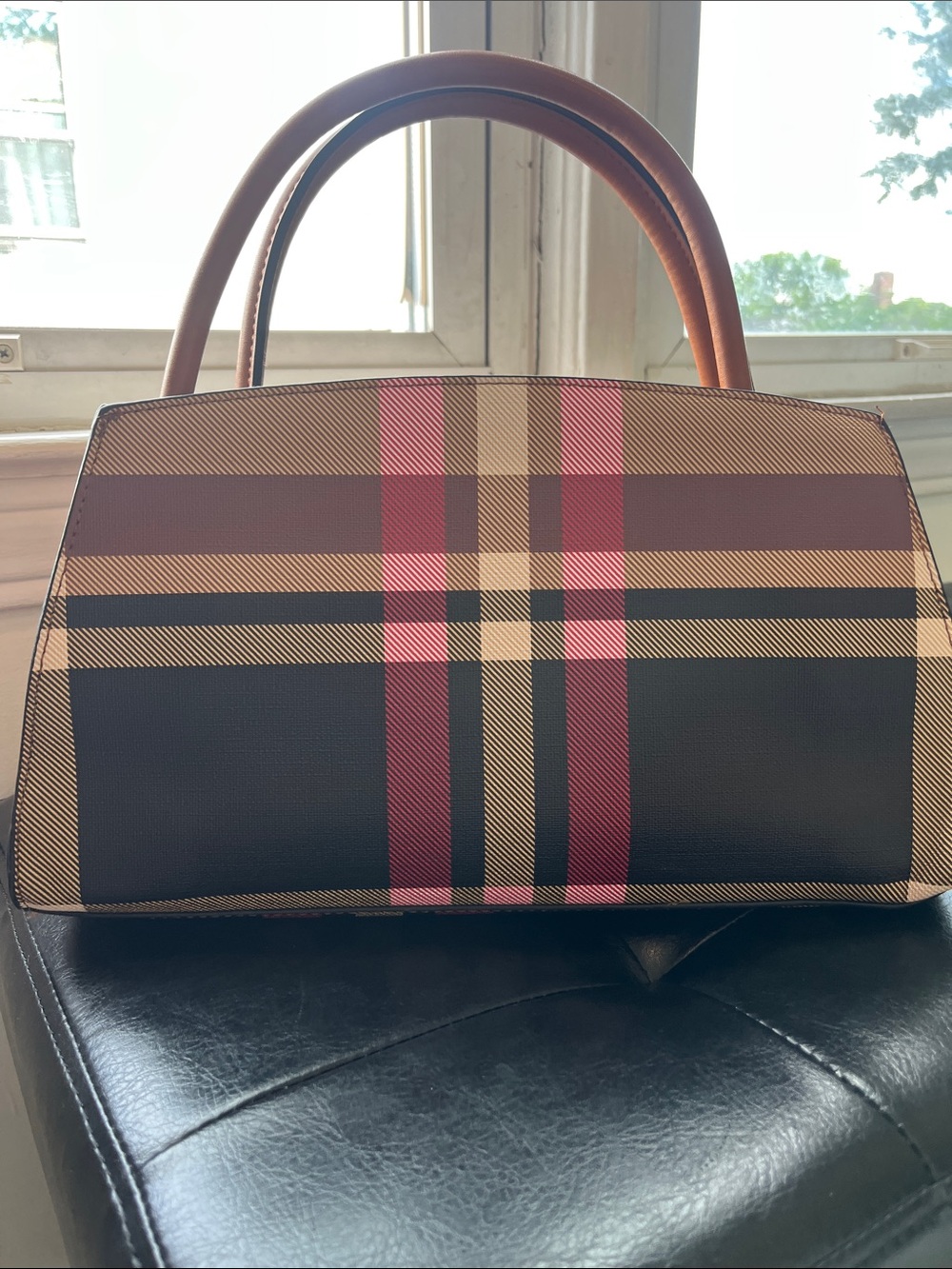 Structured Plaid Satchel Handbag in Black & Tan
